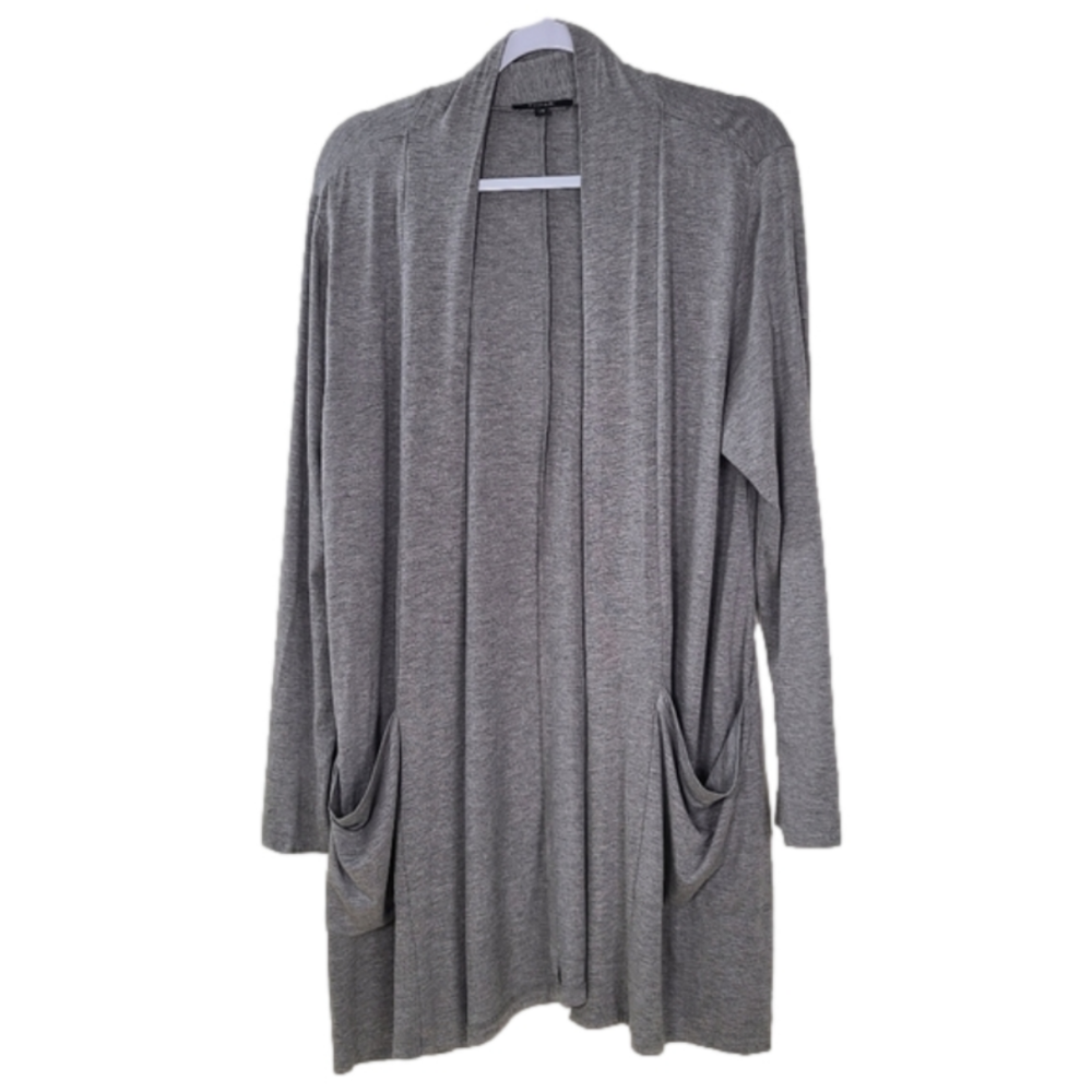 Tahari Gray Longline Open Cardigan Womens L Duster Minimalist Pockets